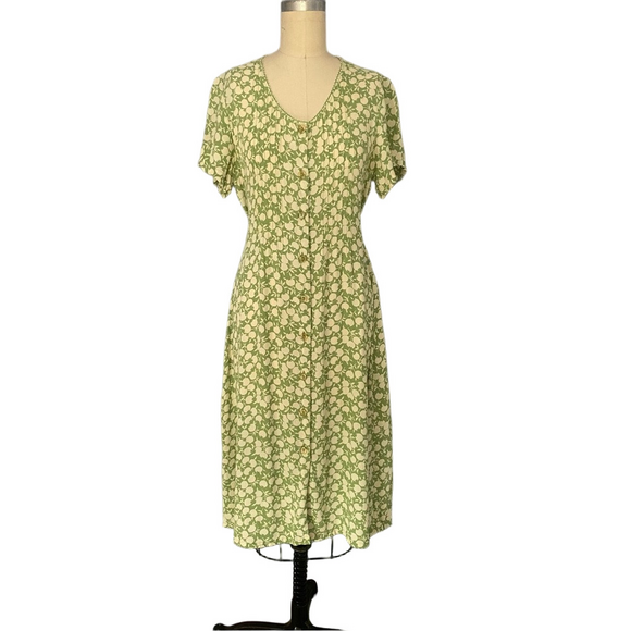 April Cornell Dresses & Skirts - April Cornell Light Green Floral Midi Dress Women’s Size M Button Front Tie Belt